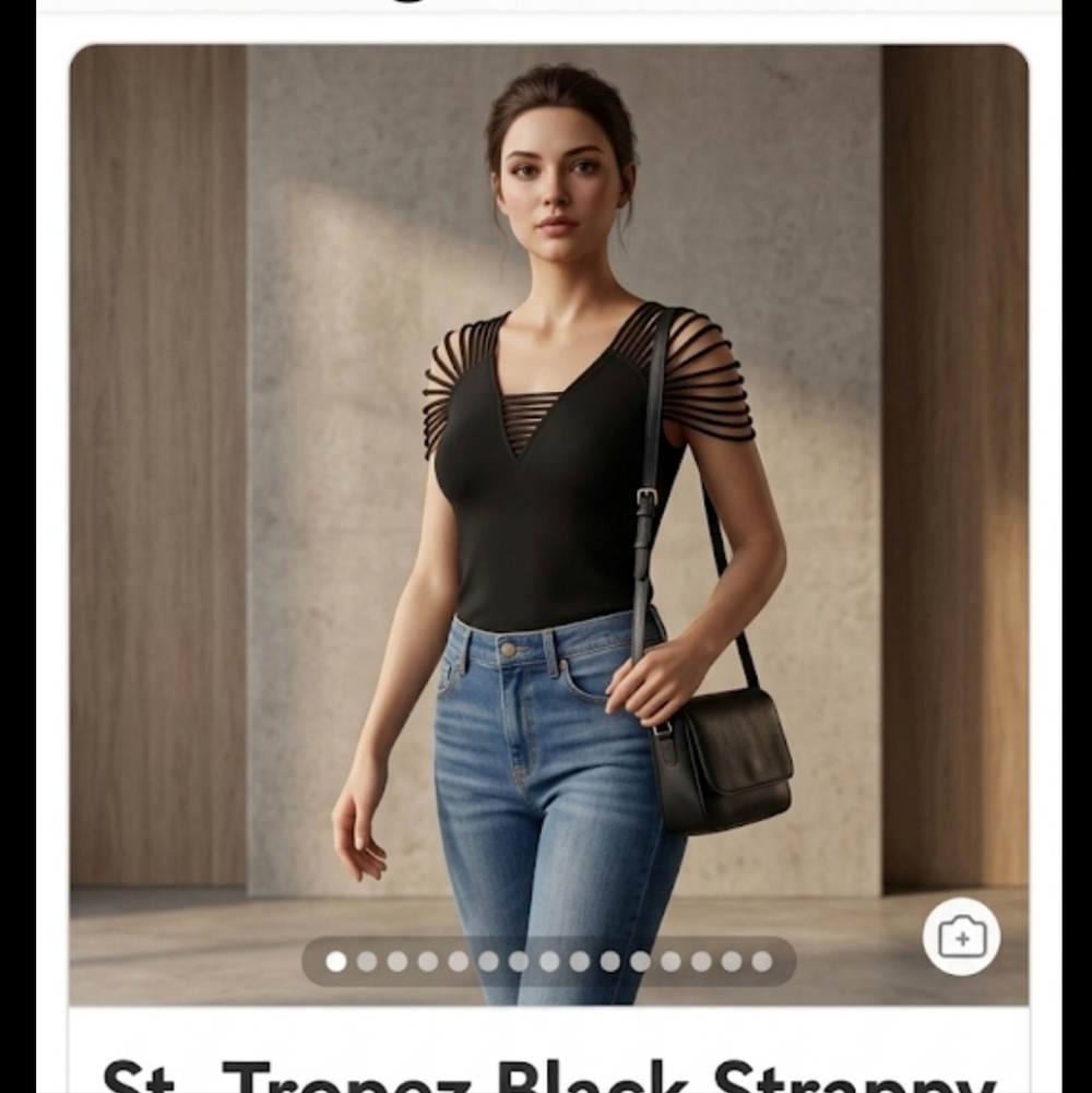 Vtg St. Tropez Black Strappy Fringe V-Neck  Leather Top